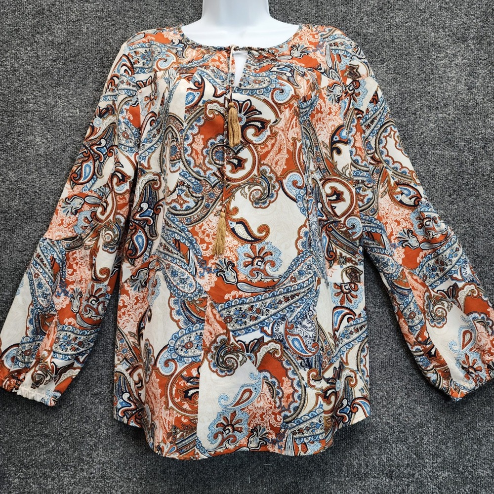 Chico's Paisley Print Womens Boho Tassel Tie Neck Long Sleeve Blouse Size 2